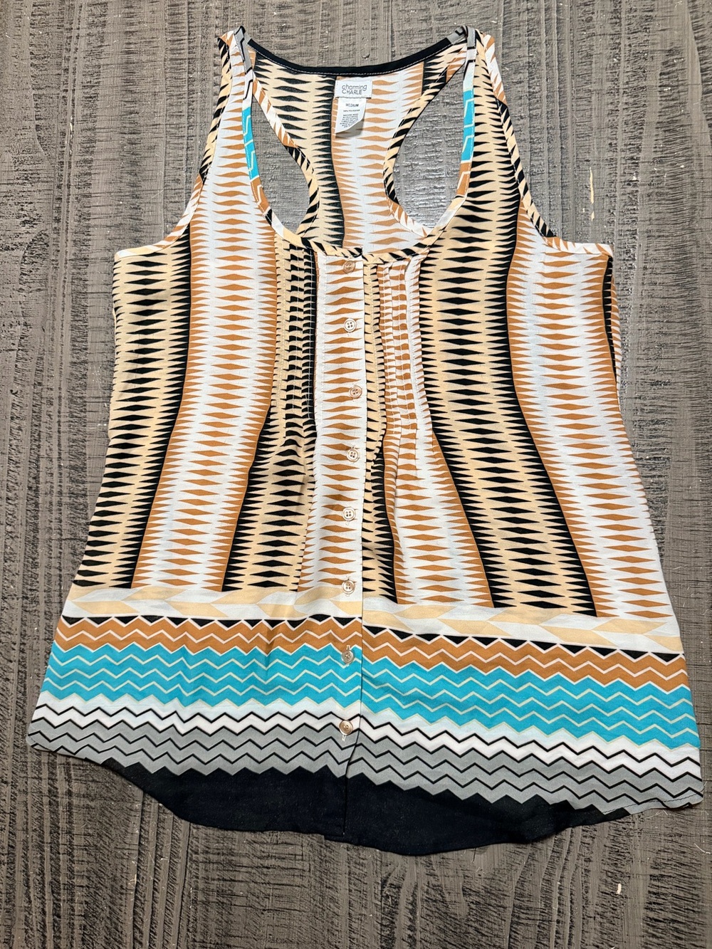 Charming Charlie Beige Black & Teal Chevron-Print Racerback Tank